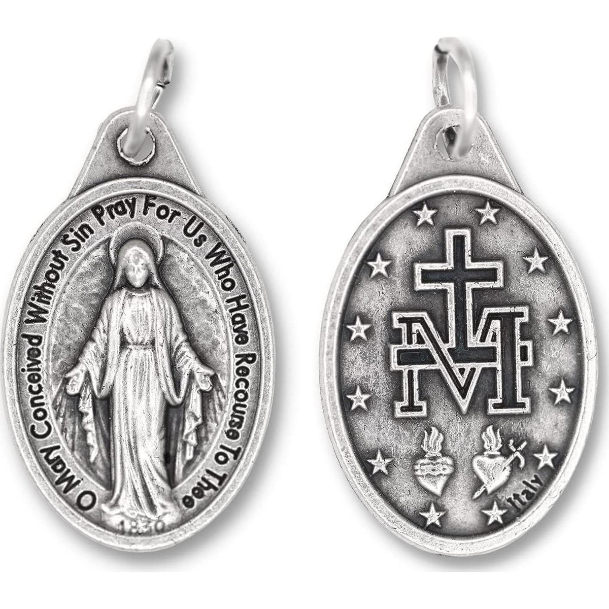 Caritas Et Fides Bulk Pack Of 10 - Miraculous Medal Pendant For Necklace -1 Oval Silver Oxidized Miraculous Medals Pendant For Necklace, Medals For Jewelry Catholic, Made In Italy,