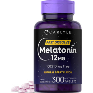 Carlyle Melatonin 12mg Fast-Dissolve Tablets, Natural Berry Flavor, Vegetarian, Non-GMO, Gluten-Free, 300 Tablets