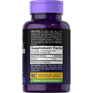 Carlyle Melatonin 12mg Fast-Dissolve Tablets, Natural Berry Flavor, Vegetarian, Non-GMO, Gluten-Free, 300 Tablets