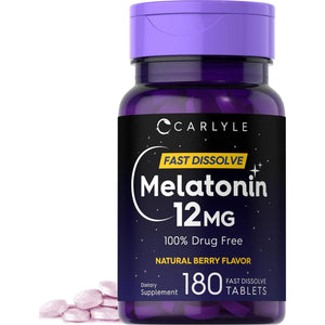 Carlyle Carlyle Melatonin 12 Mg Fast Dissolve 180 Tablets | Drug Free | Natural Berry Flavor | Vegetarian, Non-GMO, Gluten Free