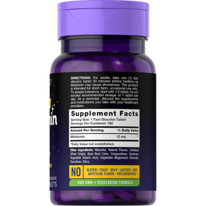 Carlyle Carlyle Melatonin 12 Mg Fast Dissolve 180 Tablets | Drug Free | Natural Berry Flavor | Vegetarian, Non-GMO, Gluten Free