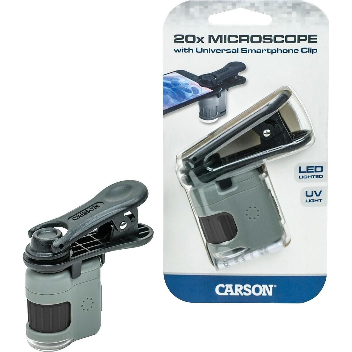 Carson MicroMini 20x LED Lighted Pocket Microscope With Built-in LED And UV Flashlight And Universal Smartphone Digiscoping Adapter Clip (MM-380),750668012890