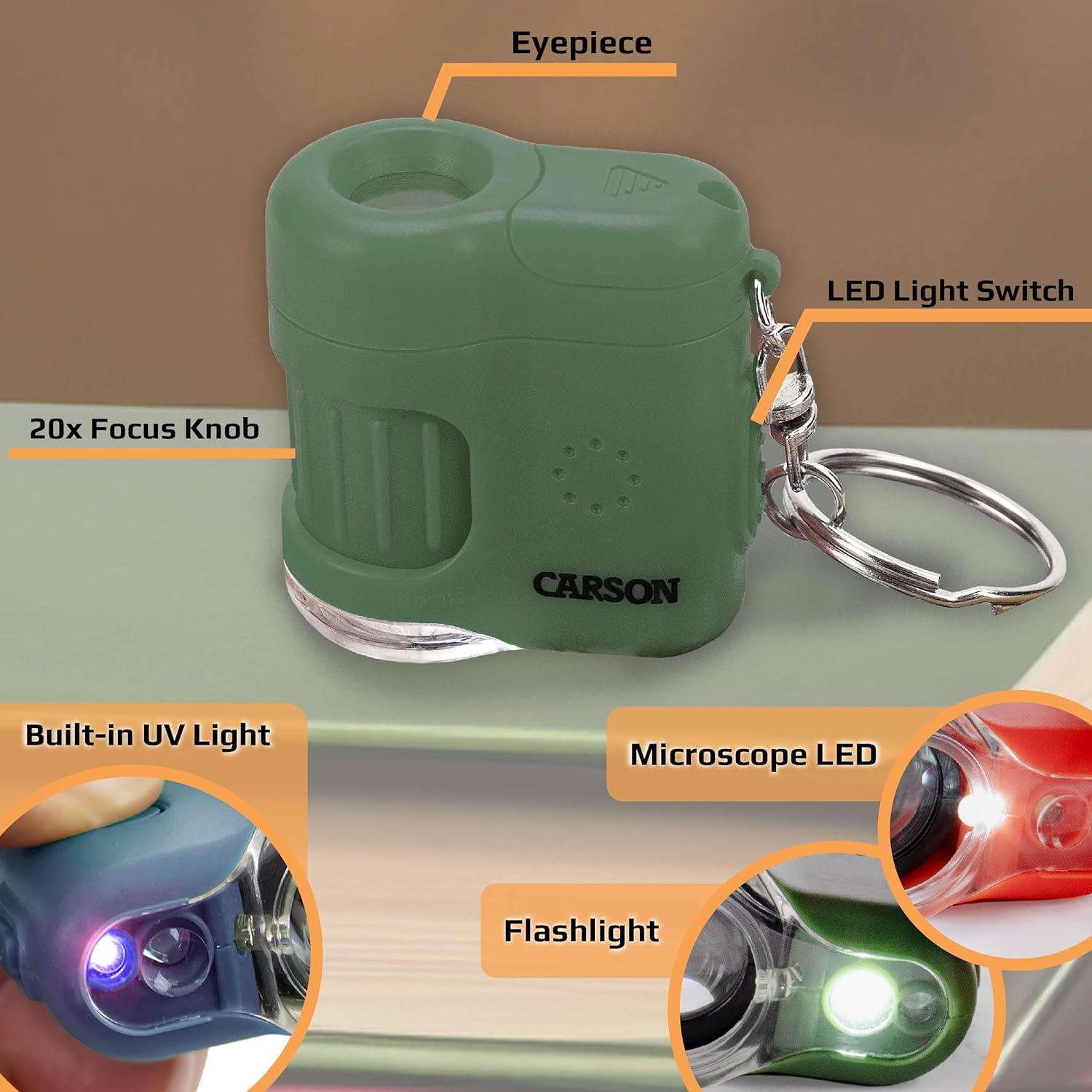 Carson MicroMini 20x LED Lighted Pocket Microscope With Built-in UV And LED Flashlight, Green (MM-280G), Large,