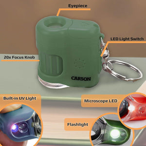 Carson MicroMini 20x LED Lighted Pocket Microscope With Built-in UV And LED Flashlight, Green (MM-280G), Large,