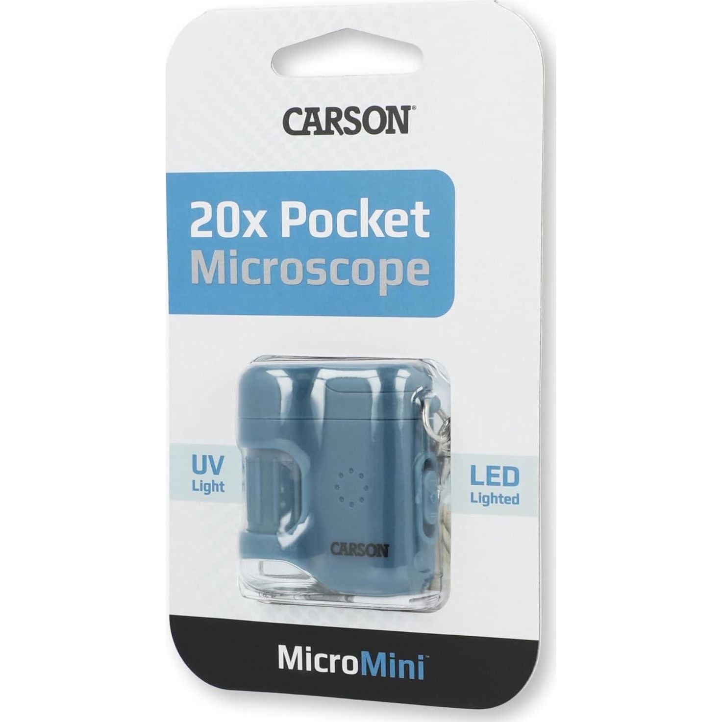 Carson MicroMini 20x Pocket Microscope, UV And LED Flashlight, Blue (MM-280B),