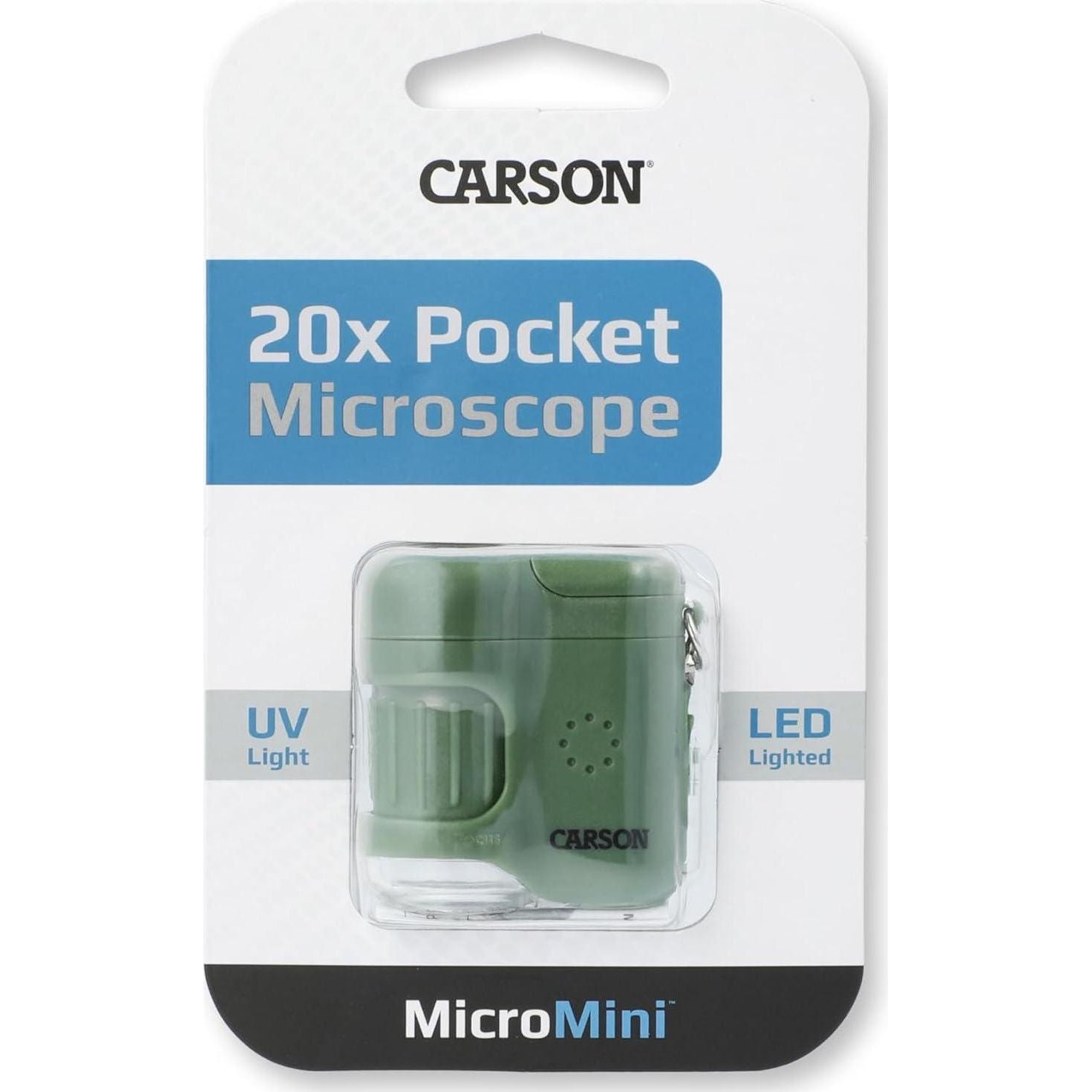Carson MicroMini 20x LED Lighted Pocket Microscope With Built-in UV And LED Flashlight, Green (MM-280G), Large,