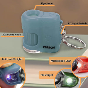 Carson MicroMini 20x Pocket Microscope, UV And LED Flashlight, Blue (MM-280B),