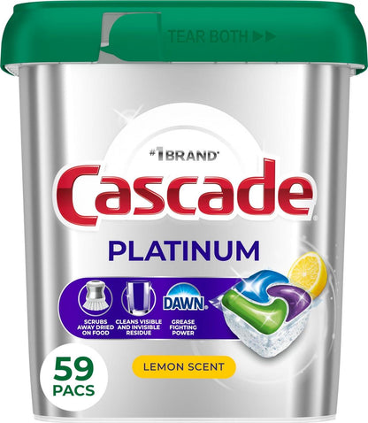 Cascade Platinum Dishwasher Pods, Lemon Scent, 59 Count, Powerful Cleaning & Dishwashing Detergent