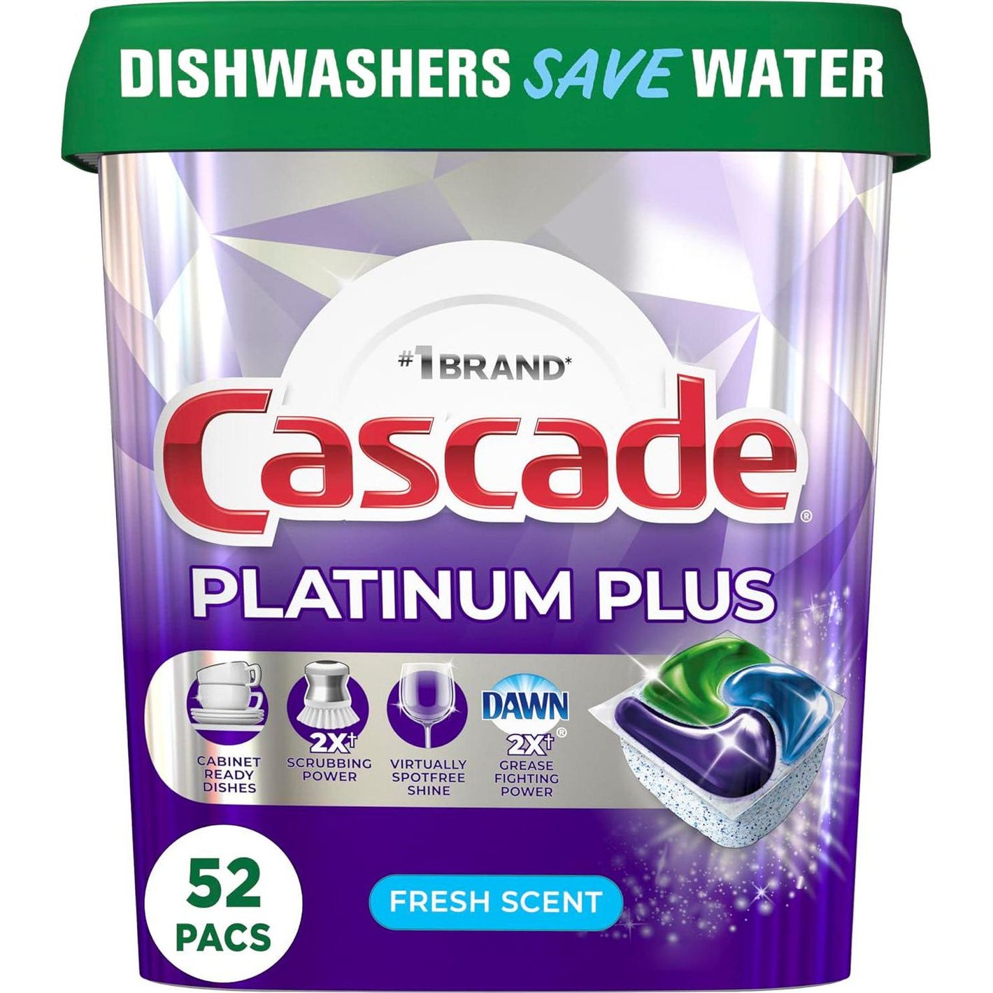 Cascade Platinum Plus Dishwasher Pods, Dish Detergent ActionPacs, Fresh, 52 Count