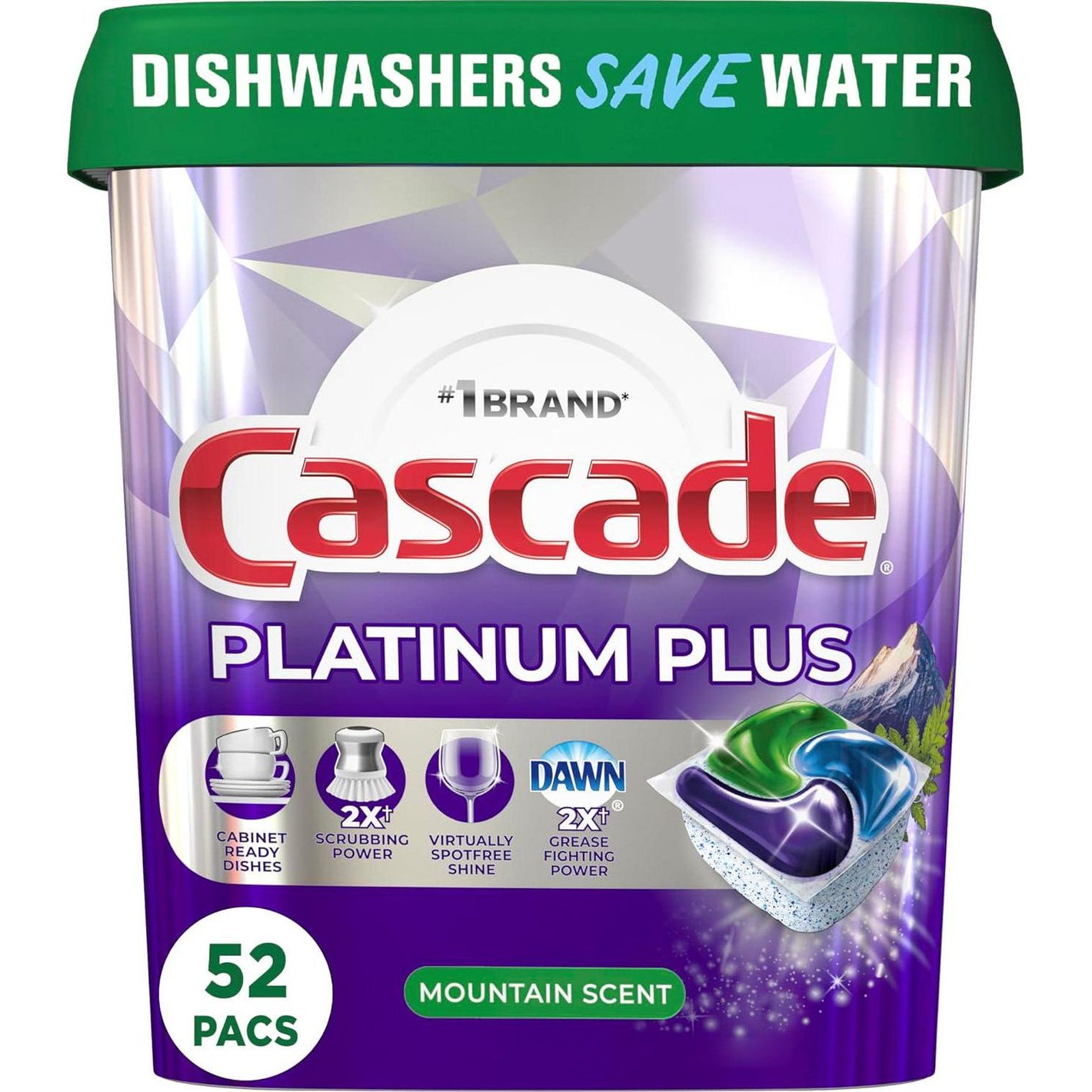 Cascade Platinum Plus ActionPacs Dishwasher Detergent Pods, Mountain Scent, 52 Count