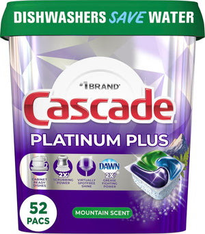 Cascade Platinum Plus ActionPacs Dishwasher Detergent Pods, Mountain Scent, 52 Count