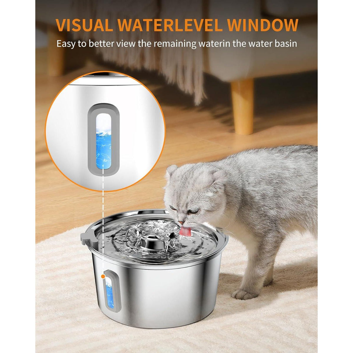 Cat Water Fountain,3.2L/108oz Cat Fountain With Water Level Window,Stainless Steel Pet Water Drinking Fountain For Cats Inside,Quiet Pump For Dogs And Cats(with Water Level Window),