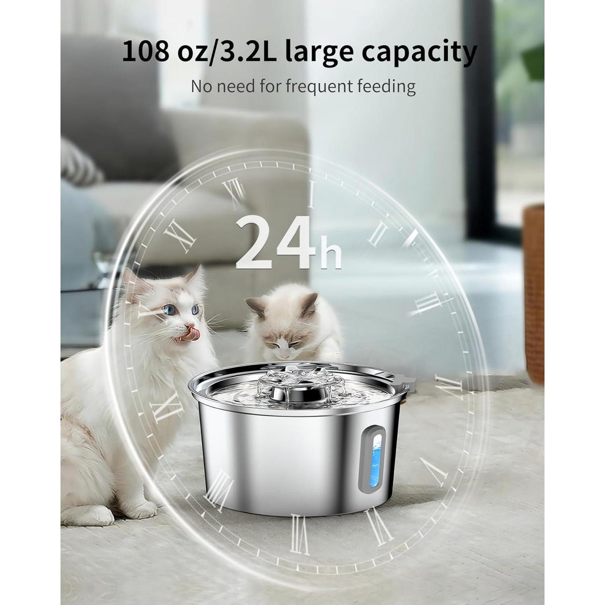 Cat Water Fountain,3.2L/108oz Cat Fountain With Water Level Window,Stainless Steel Pet Water Drinking Fountain For Cats Inside,Quiet Pump For Dogs And Cats(with Water Level Window),
