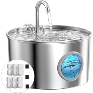 Stainless Steel Cat Water Fountain 74 oz 2.2L with 6 Filters and 3 Sponges Quiet Indoor Cat Water Bowl