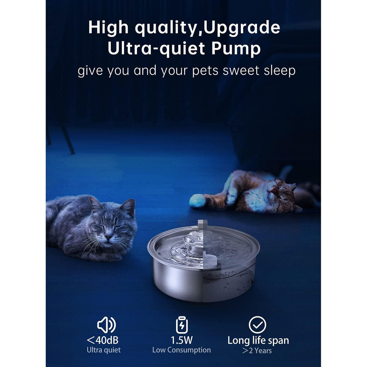 Cat Water Fountain,Stainless Steel 2.0L/67oz Automatic Circulating Pet Water Fountain,Ultra-Quiet Pump With LED Light,Dishwasher Safe,Cat Fountain Suitable For Cat And Puppy (2L Cat Fountain),
