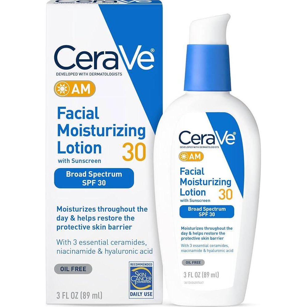 CeraVe AM Facial Moisturizing Lotion With SPF 30, Oil-Free Face Moisturizer With SPF, Formulated With Hyaluronic Acid, Niacinamide And Ceramides, Non-Comedogenic, Broad Spectrum Sunscreen, 3 Ounce