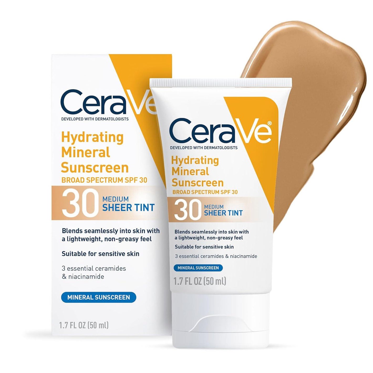 CeraVe CeraVe Hydrating Mineral Sunscreen SPF 30 With Sheer Tint, Tinted Mineral Sunscreen With Zinc Oxide And Titanium Dioxide, Blends Seamlessly For Healthy Glow, Medium, 1.7 Fluid Ounce
