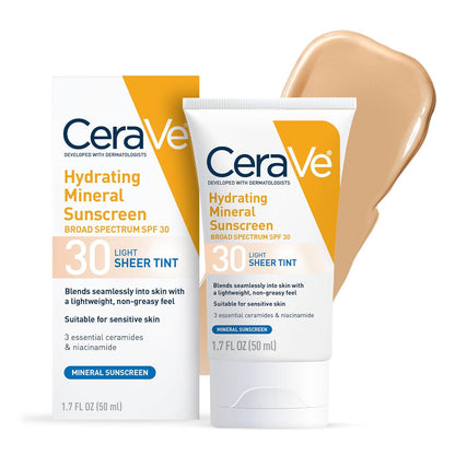 CeraVe CeraVe Hydrating Mineral Sunscreen SPF 30 With Sheer Tint, Tinted Mineral Sunscreen With Zinc Oxide And Titanium Dioxide, Blends Seamlessly For Healthy Glow, Light, 1.7 Oz