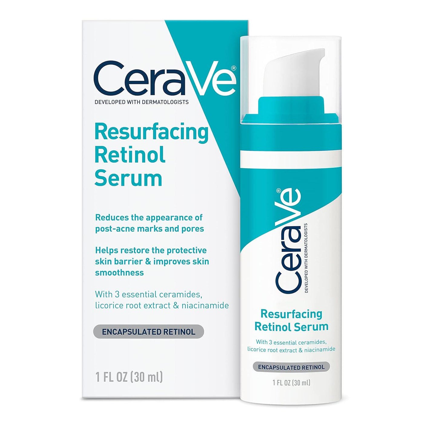 CeraVe CeraVe Resurfacing Retinol Serum For Post Acne Marks, Formulated With Licorice Root Extract And Niacinamide, Brightening Serum And Pore Minimizer For Face, Post Acne Skin Barrier Repair, Non-Comedogenic