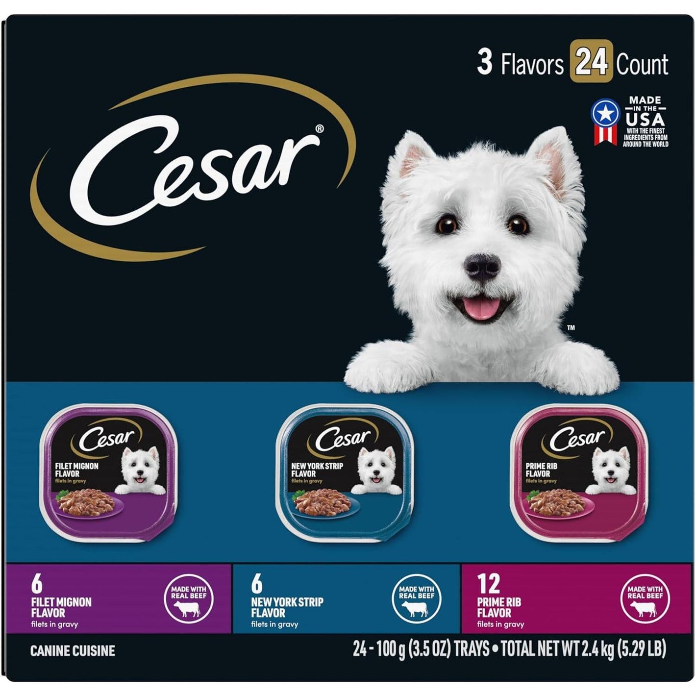 Cesar Filets in Gravy Wet Dog Food Filet Mignon NY Strip Prime Rib Flavors 3.5 oz 24 Count Pack of 1