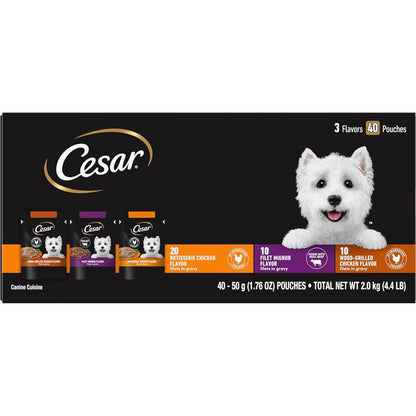 Cesar Wet Dog Food Filets in Gravy Variety Pack, 1.76 oz x 40 Mini Pouches, Chicken, Mignon, Grilled Flavors