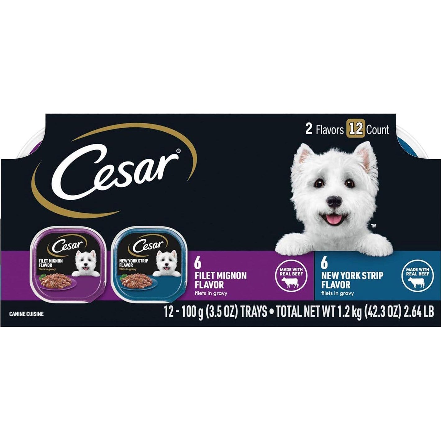 Cesar Filets in Gravy Wet Dog Food Variety Pack Filet Mignon and NY Strip Flavors 3.5 oz 12 Count