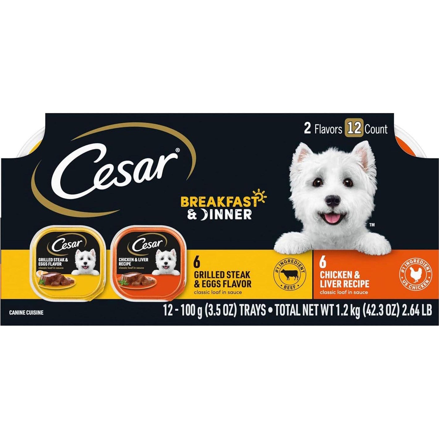 Cesar Wet Dog Food Variety Pack 12 Trays 3.5 oz Each Classic Loaf in Sauce Breakfast and Dinner Flavors Easy Peel Pack of 1
