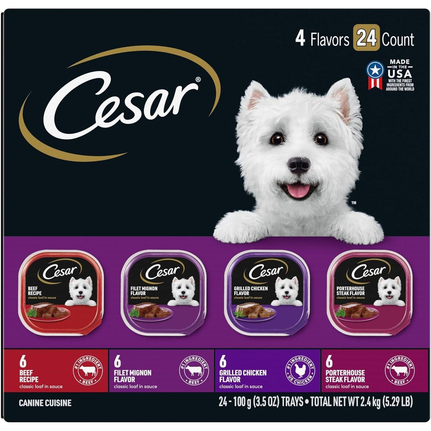 Cesar Wet Dog Food Variety Pack, 24 Trays, Beef, Chicken, Porterhouse, 3.5 oz, Classic Loaf