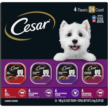 Cesar Wet Dog Food Variety Pack, 24 Trays, Beef, Chicken, Porterhouse, 3.5 oz, Classic Loaf