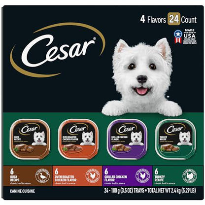 Cesar Wet Dog Food Poultry Variety 24 Trays 3.5 oz Classic Loaf in Sauce Easy Peel Trays