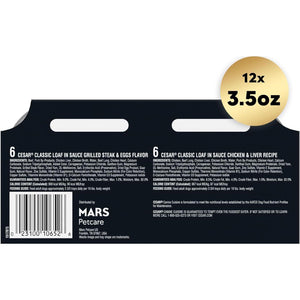 Cesar Wet Dog Food Variety Pack 12 Trays 3.5 oz Each Classic Loaf in Sauce Breakfast and Dinner Flavors Easy Peel Pack of 1