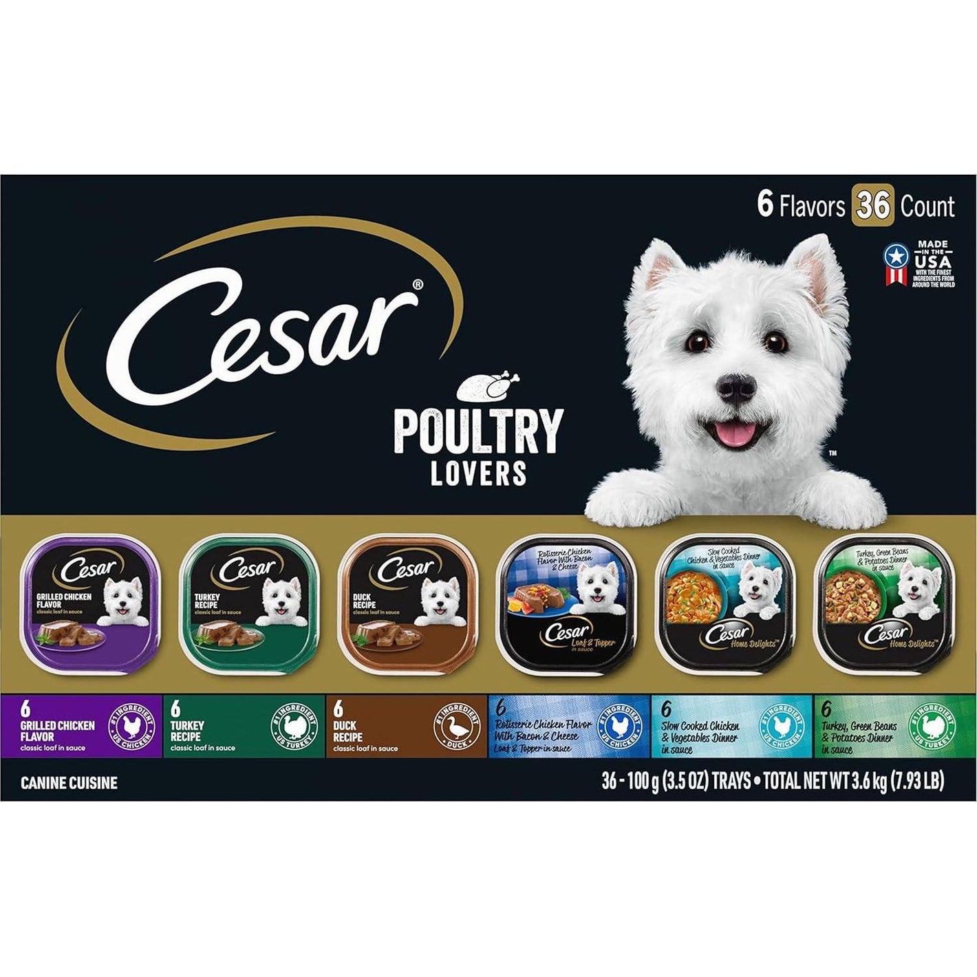 Cesar Wet Dog Food Poultry Lovers Variety Pack Chicken Turkey Duck 3.5 oz Trays 36 Count