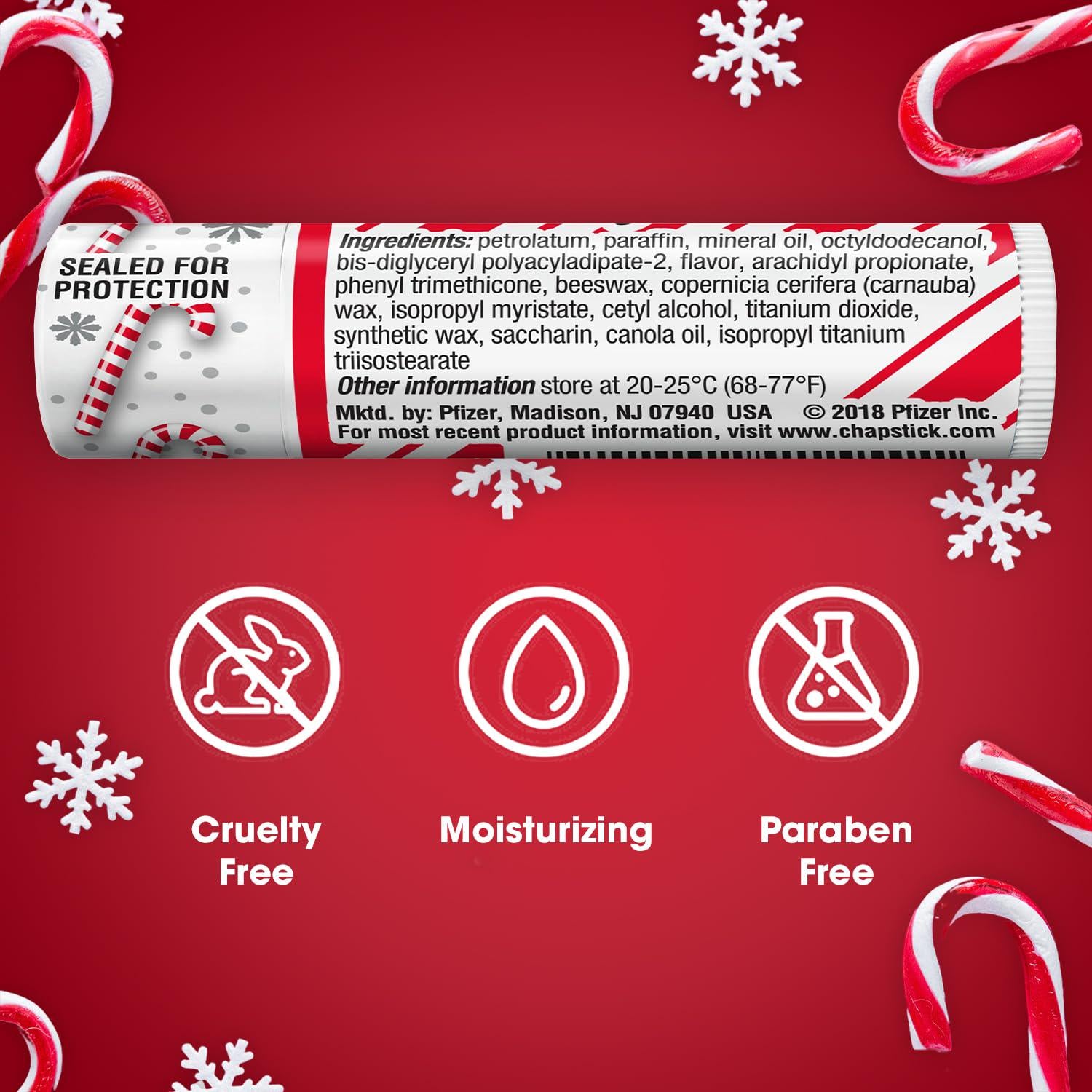 ChapStick Bulk Lip Balm, Candy Cane, 12-Pack Fresh And Minty Lip Moisturizer, Stocking Stuffer, 0.15 Oz Ea,
