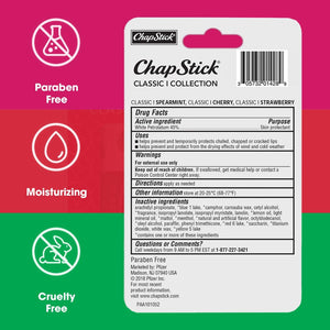 ChapStick Classic Collection Strawberry/Cherry/Spearmint Lip Balm (Pack Of 3) 4g Each back uses ingredients barcode