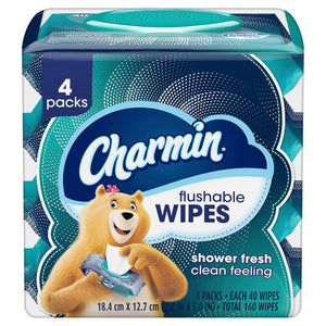 Charmin Flushable Wipes, 160 Total Wipes, 4 Packs of 40, Gentle & Safe for Skin, Flushable Wet Wipes