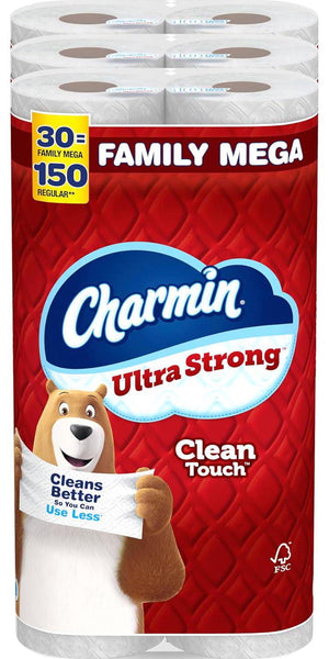 Charmin Ultra Strong Toilet Paper, 30 Family Mega Rolls, 150 Regular Rolls, Durable and Soft