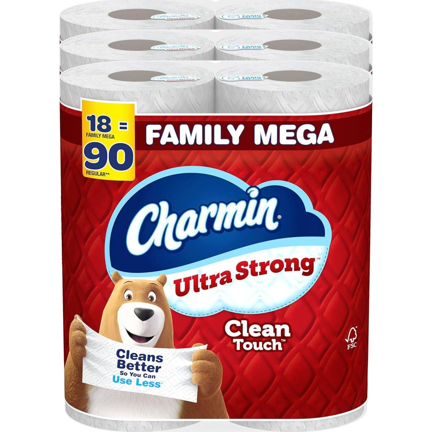 Charmin Ultra Strong Clean Touch Toilet Paper, 18 Family Mega Rolls, 90 Regular Rolls (Packaging May Vary)