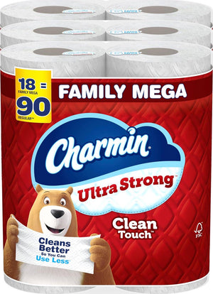 Charmin Ultra Strong Clean Touch Toilet Paper, 18 Family Mega Rolls, 90 Regular Rolls (Packaging May Vary)