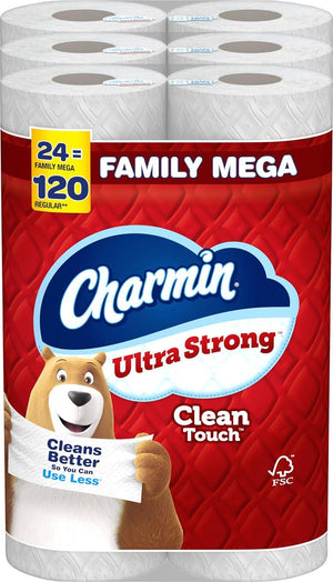 Charmin Toilet Paper Ultra Strong Clean Touch, 24 Family Mega Rolls (120 Regular Rolls), Packaging May Vary