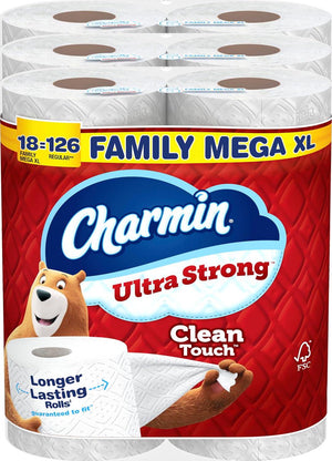 Charmin Ultra Strong Toilet Paper, Clean Touch, 18 Family Mega XL Rolls (Equivalent to 126 Regular Rolls), Soft & Durable