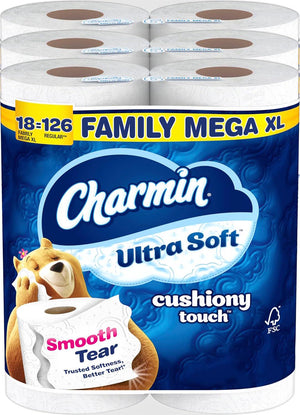 Charmin Ultra Soft Toilet Paper, Cushiony Touch, 18 Family Mega XL Rolls (126 Regular Rolls), Soft & Strong for Ultimate Comfort