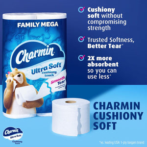 Charmin Ultra Soft Toilet Paper, Cushiony Touch, 24 Family Mega Rolls, 123 Regular Rolls