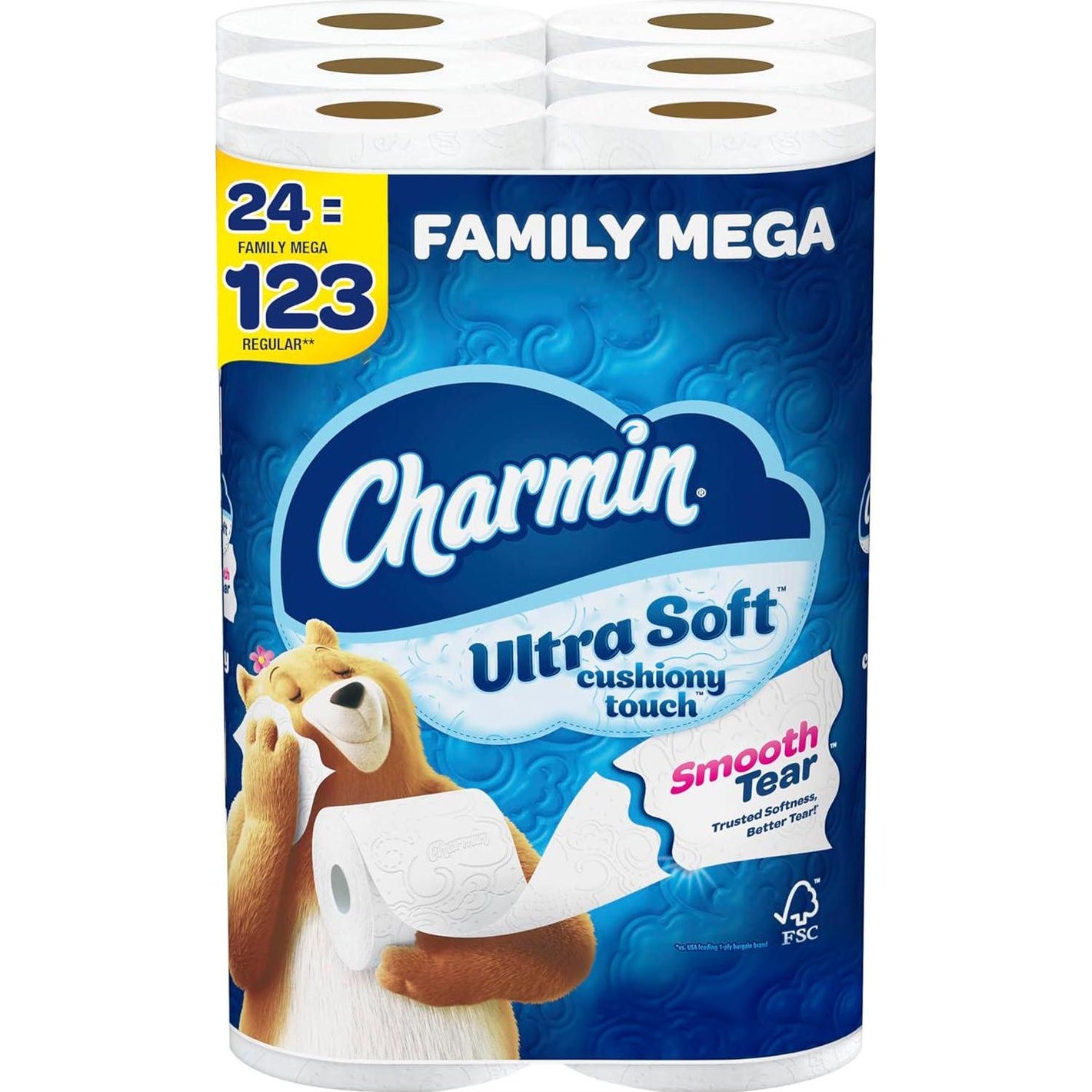 Charmin Ultra Soft Toilet Paper, Cushiony Touch, 24 Family Mega Rolls, 123 Regular Rolls