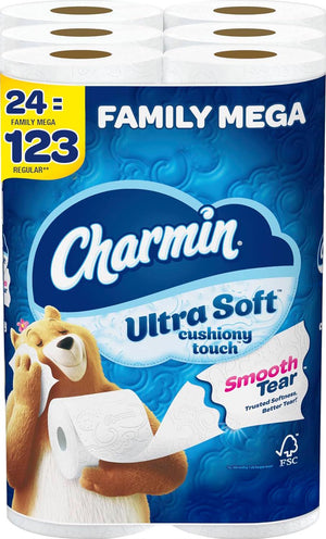 Charmin Ultra Soft Toilet Paper, Cushiony Touch, 24 Family Mega Rolls, 123 Regular Rolls