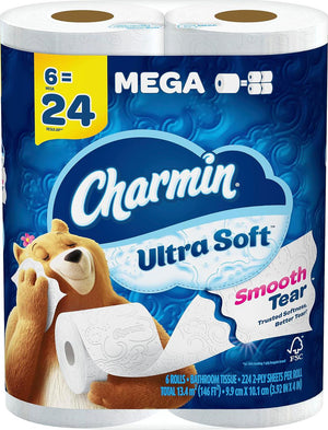 Charmin Ultra Soft Toilet Paper, 6 Mega Rolls, 224 Sheets per Roll, Super Soft & Cushiony