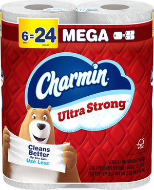 Charmin Ultra Strong Toilet Paper, 6 Mega Rolls, 220 Sheets Per Roll, Strong & Durable for Deep Clean