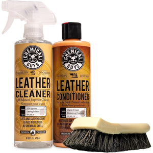 Chemical Guys SPI410 Leather Cleaner And Conditioner Bundle With ACC_S95 Long Bristle Horse Hair Leather Cleaning Brush, Safe For Car, Home, Office, And More (3 Item Bundle With 2-16 Fl Oz Bottles),842850110818