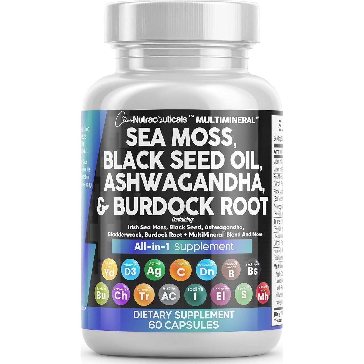 Clean Nutraceuticals Sea Moss, Black Seed Oil, Ashwagandha, Turmeric & More, Immune Support, 120 Capsules, Non-GMO, Vegan-Friendly