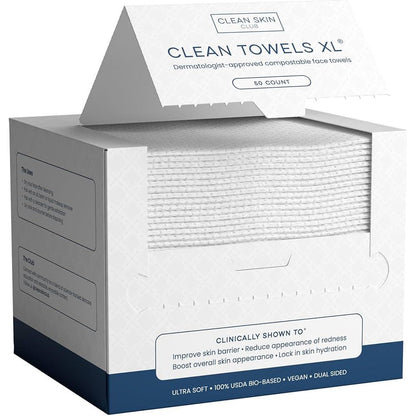 Clean Skin Club Clean Towels XL , 100% USDA Biobased Face Towel, Disposable Face Towelette, Eczema Association Accepted, Makeup Remover Dry Wipes, Ultra Soft, 50 Ct, 1 Pack