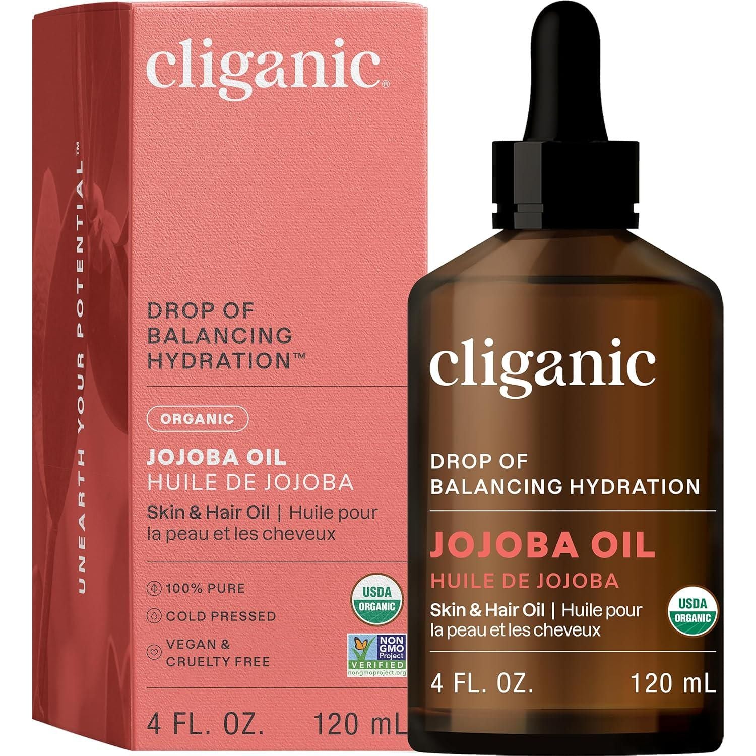 Cliganic Organic Jojoba Oil, 100% Pure (4oz) | Moisturizing Oil For Face, Hair, Skin And Nails | Natural Cold Pressed Hexane Free | Base Carrier Oil (Packaging May Vary),